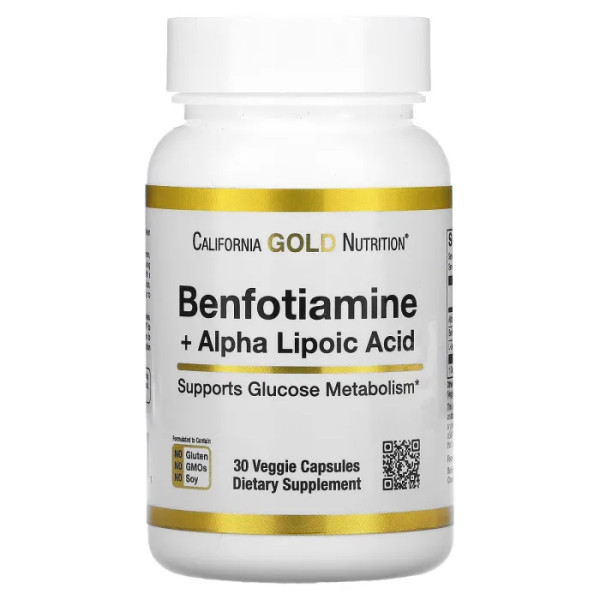 Бенфотіамін + альфа-ліпоєва кислота, Benfotiamine + Alpha Lipoic Acid, California Gold Nutrition, 30 вегетаріанських капсул