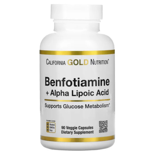 Бенфотіамін + альфа-ліпоєва кислота, Benfotiamine + Alpha Lipoic Acid, California Gold Nutrition, 90 вегетаріанських капсул