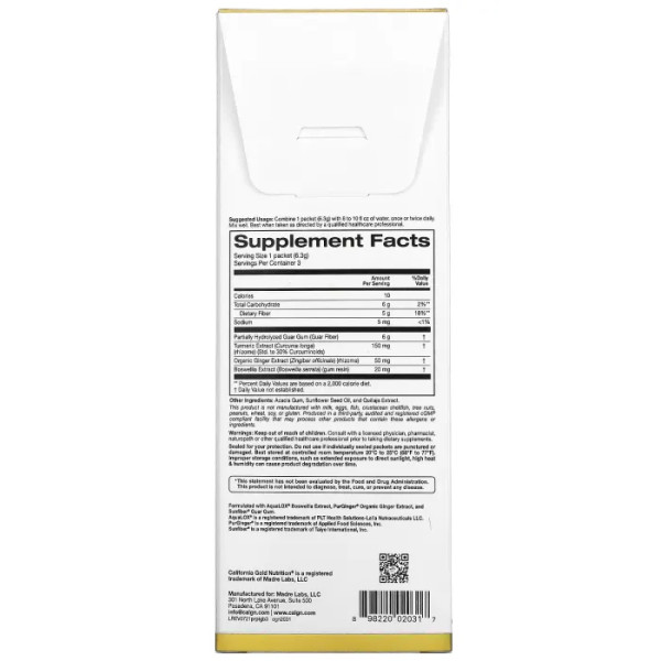 Пребіотична клітковина + куркума, імбир та босвеллія, Prebiotic Fiber Plus Turmeric, Ginger, & Boswellia, California Gold Nutrition, 3 пакетики (6.3 г кожен)