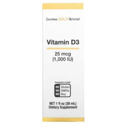 Витамин D3 жидкий 25 мкг (1000 МЕ) Vitamin D3 Liquid California Gold Nutrition, 30 мл
