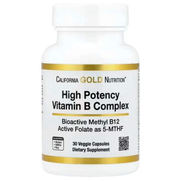 Вітаміни групи В, High Potency Vitamin B Complex, California Gold Nutrition, високоефективний, з гідрохлоридом тіаміном, ніацином, пантотеновою кислотою та інозитолом, 30 вегетаріанських капсул