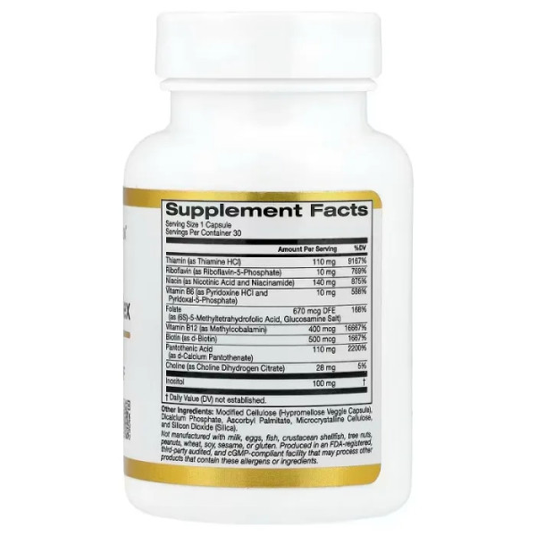 Вітаміни групи В, High Potency Vitamin B Complex, California Gold Nutrition, високоефективний, з гідрохлоридом тіаміном, ніацином, пантотеновою кислотою та інозитолом, 30 вегетаріанських капсул