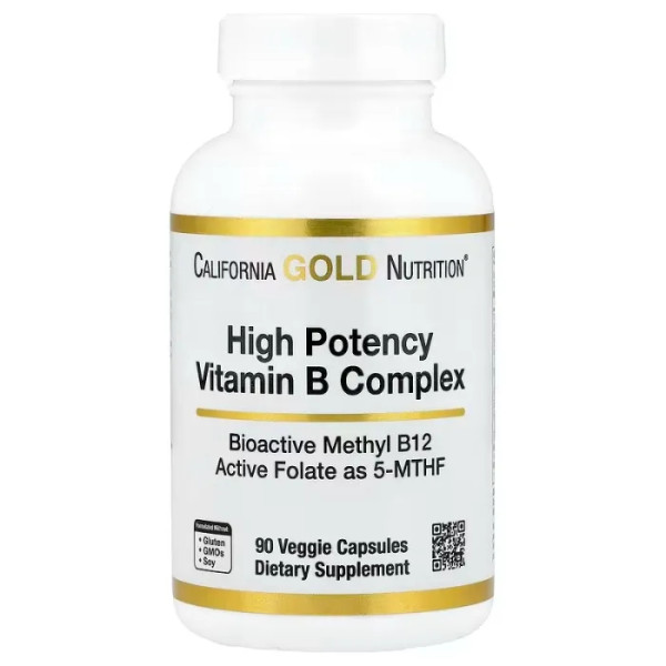 Вітаміни групи В, High Potency Vitamin B Complex, California Gold Nutrition, високоефективний, з гідрохлоридом тіаміном, ніацином, пантотеновою кислотою та інозитолом, 90 вегетаріанських капсул