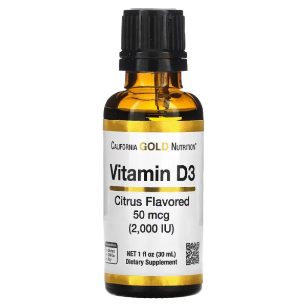 Вітамін D3, Vitamin D3, California Gold Nutrition, зі смаком цитрусу, 2000 МО, 30 мл