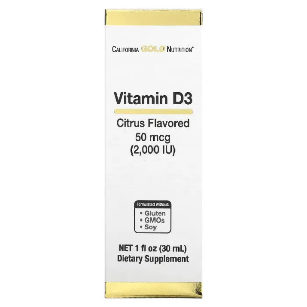 Вітамін D3, Vitamin D3, California Gold Nutrition, зі смаком цитрусу, 2000 МО, 30 мл