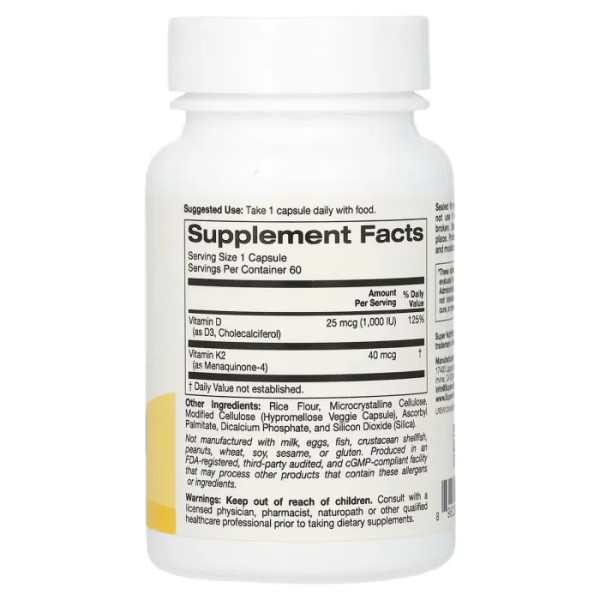 Вітаміни D3+K2, Vitamins D3+K2, Super Nutrition, 60 вегетаріанських капсул