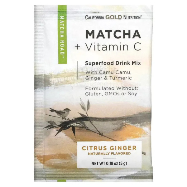 Чай матчу та вітамін С, Matcha + Vitamin C - Citrus Ginger, MATCHA ROAD, California Gold Nutrition, зі смаком імбиру та цитрусу, 10 пакетиків