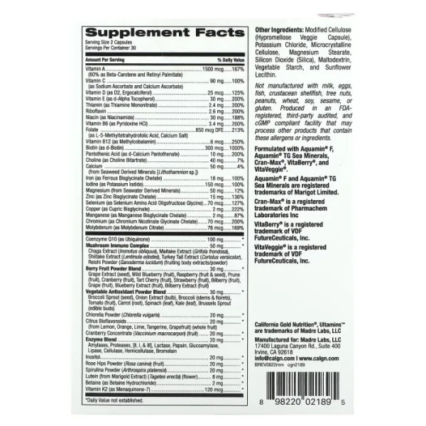 Мультивітаміни для жінок з коензимом Q10, Ultamins Women's Multivitamin with CoQ10, Mushrooms, Enzymes, California Gold Nutrition, 60 капсул