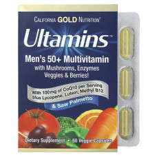Мультивитамины для мужчин 50+ с CoQ10, Ultamins Men's 50+ Multivitamin with CoQ10 California Gold Nutrition, 60 вегетарианских капсул