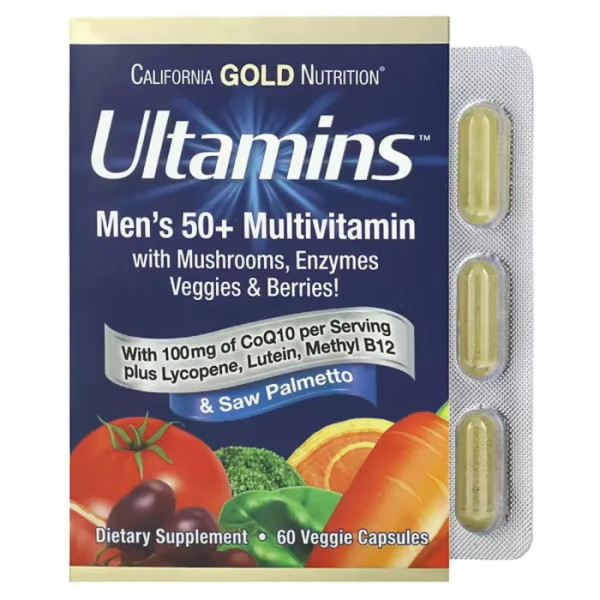 Мультивітаміни для чоловіків 50+ з коензимом Q10, Ultamins Men's 50+ Multivitamin with CoQ10, California Gold Nutrition, з грибами, ферментами, овочами та ягодами, 60 вегетаріанських капсул
