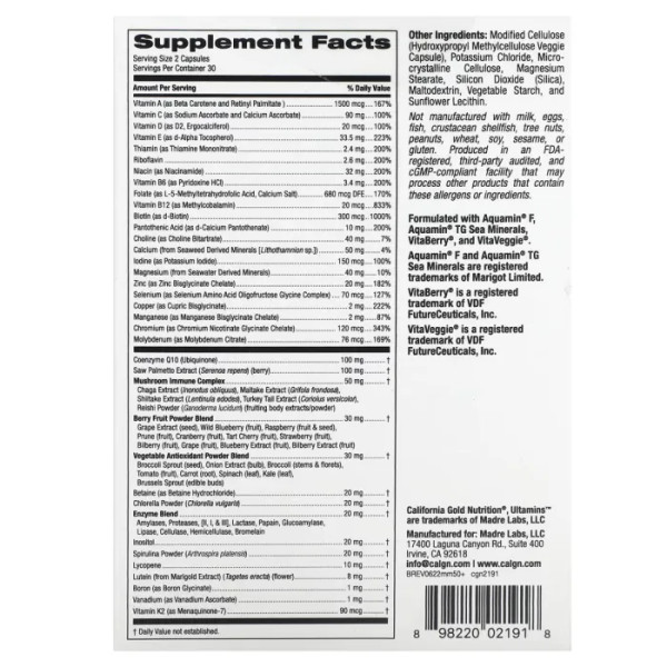 Мультивітаміни для чоловіків 50+ з коензимом Q10, Ultamins Men's 50+ Multivitamin with CoQ10, California Gold Nutrition, з грибами, ферментами, овочами та ягодами, 60 вегетаріанських капсул