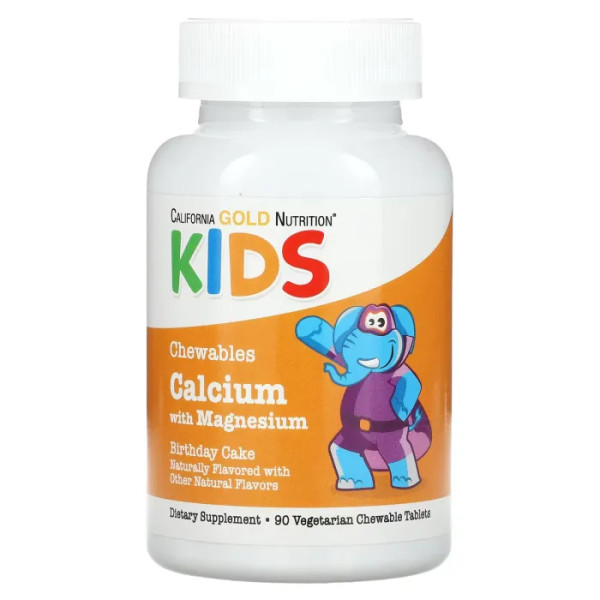 Кальцій + магній для дітей, Calcium Plus Magnesium, California Gold Nutrition зі смаком святкового торта, 90 вегетаріанських жувальних таблеток.