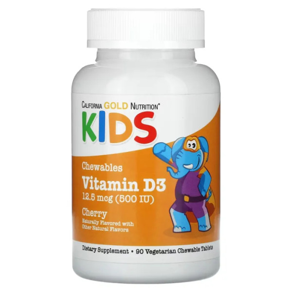 Жувальний вітамін D3, Chewable Vitamin D3 for Children, California Gold Nutrition, для дітей, зі смаком вишні, 12,5 мкг (500 МО), 90 таблеток