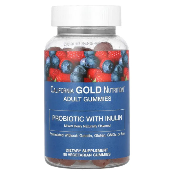 Пробіотик з інуліном, Probiotic with Inulin Gummies, California Gold Nutrition, з натуральним смаком змішаних ягід, 90 жувальних цукерок.