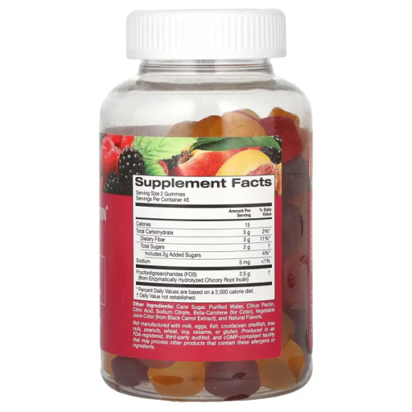 Клітковина з інуліном, Fiber Gummies, California Gold Nutrition, натуральна ожина, персик та малина, 90 жувальних цукерок.