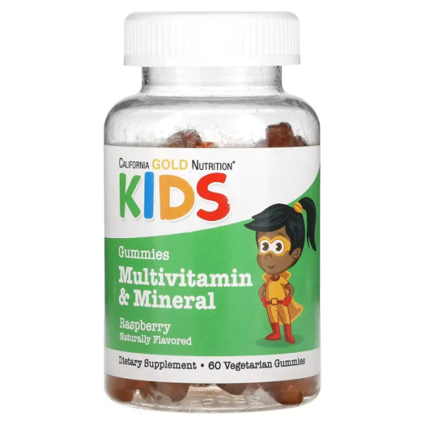 Мультивітаміни та мінерали для дітей, Multivitamin and Mineral For Children, California Gold Nutrition, без желатину, з натуральним смаком малини, 60 жувальних цукерок