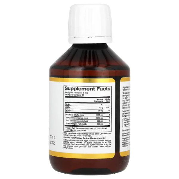 Норвезький риб'ячий жир, омега-3, Norwegian Omega-3 Fish Oil, California Gold Nutrition, з натуральним смаком лимону, 3300 мг, 200 мл