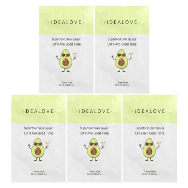 Маска для обличчя з суперфудом, 5 Beauty Sheet Masks, Idealove, авокадо, 5 тканинних масок по 20 мл