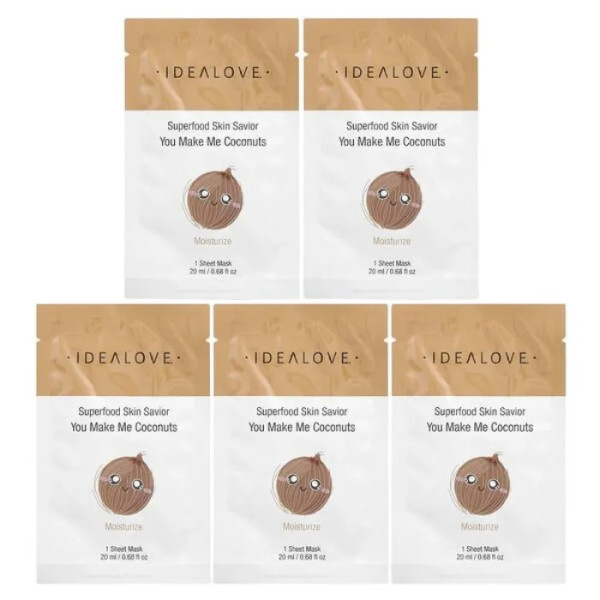 Маска для обличчя з суперфудом, 5 Beauty Sheet Masks, Idealove, кокос, 5 тканинних масок по 20 мл