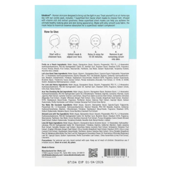 Набір масок з суперфудами, Superfood Skin Savior Variety Pack, Idealove, 7 тканинних масок по 20 мл