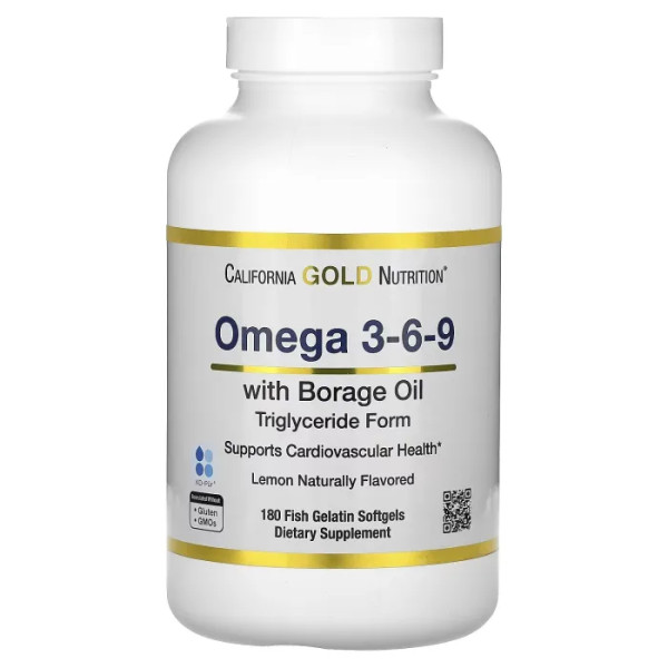 Риб'ячий жир норвезький з омега-3-6-9 і маслом огірковика, Norwegian Omega 3-6-9 Fish Oil with Borage Oil, California Gold Nutrition, зі смаком лимона, 180 гелевих капсул