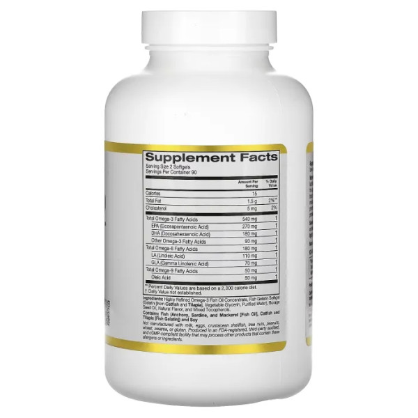 Риб'ячий жир норвезький з омега-3-6-9 і маслом огірковика, Norwegian Omega 3-6-9 Fish Oil with Borage Oil, California Gold Nutrition, зі смаком лимона, 180 гелевих капсул