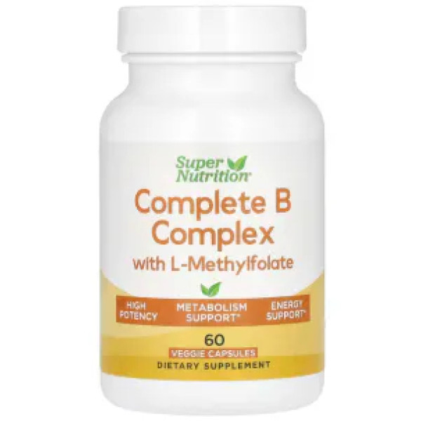 Вітаміни групи B з L-метилфолатом, Complete B Complex with L-Methylfolate, Super Nutrition, повний комплекс, 60 вегетаріанських капсул