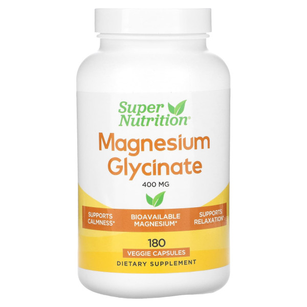 Магній гліцинат, Magnesium Glycinate, Super Nutrition, 400 мг, 180 рослинних капсул (133 мг у капсулі)