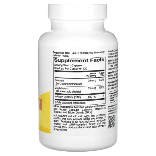 N-ацетилцистеїн, N-Acetyl Cysteine, Super Nutrition, 600 мг, 120 рослинних капсул