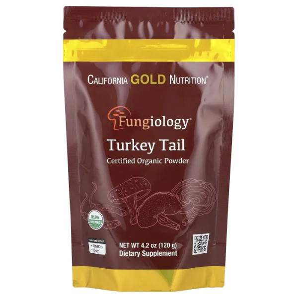 Траметес різнобарвний, сертифікований органічний порошок, Certified Organic Turkey Tail Powder, Fungiology, California Gold Nutrition, 120 г