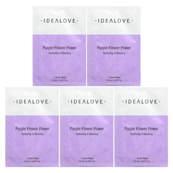 Маска для обличчя, 5 Beauty Sheet Masks, Idealove, Purple Flower Power, розслаблююча та зволожуюча дія, 5 тканинних масок по 25 мл