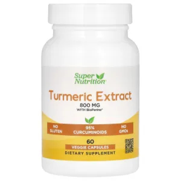 Куркума з чорним перцем, Turmeric Extract with BioPerine, Super Nutrition, 800 мг, 60 рослинних капсул
