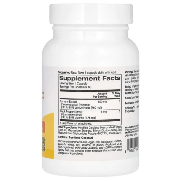 Куркума з чорним перцем, Turmeric Extract with BioPerine, Super Nutrition, 800 мг, 60 рослинних капсул