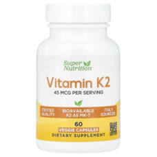 Витамин K2, Super Nutrition Vitamin K2, 60 растительных капсул