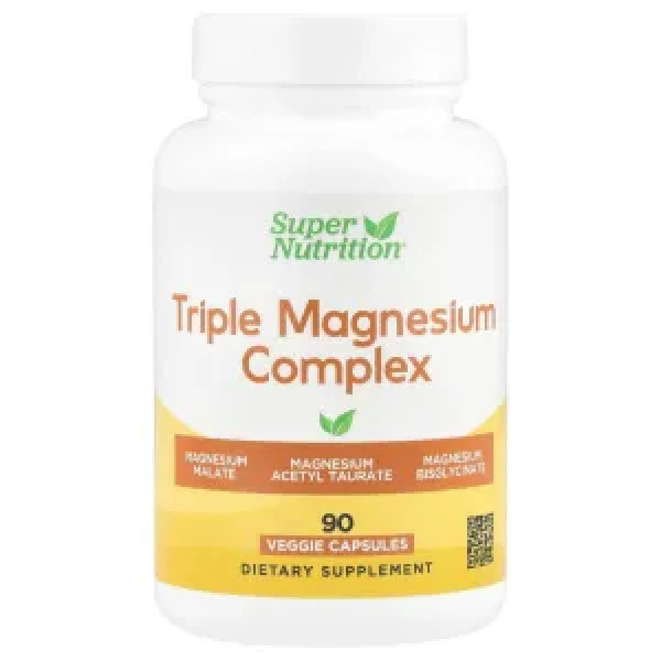 Магній, Triple Magnesium Complex, Super Nutrition, потрійної дії, 90 рослинних капсул