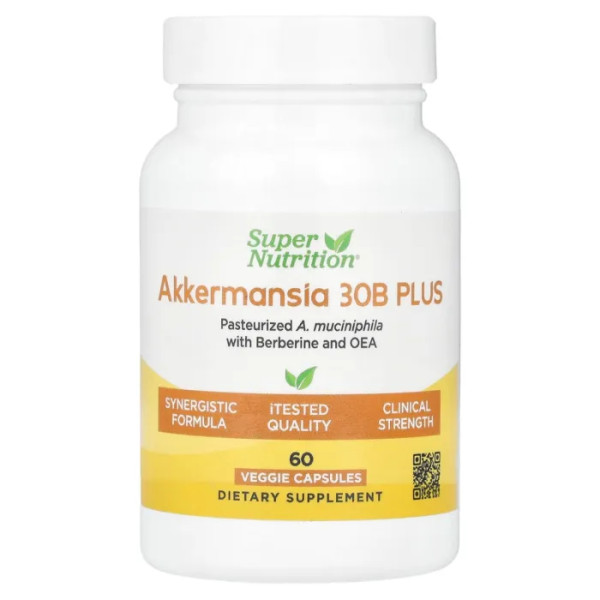 Аккермансія, Akkermansia 30B PLUS Pasteurized A. Muciniphila з Berberine та OEA, Super Nutrition, пастеризована, берберином та олеїтаноламіном, 60 рослинних капсул