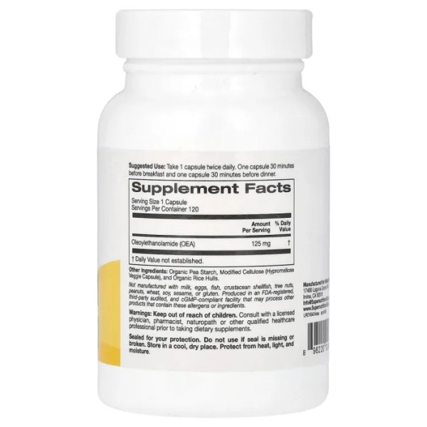 ОЕА (олеоіетаноламід), OEA Oleoylethanolamide, Super Nutrition, 125 мг, 120 рослинних капсул