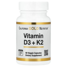 Витамины D3 и K2, Vitamin D3 + K2 California Gold Nutrition, 60 растительных капсул