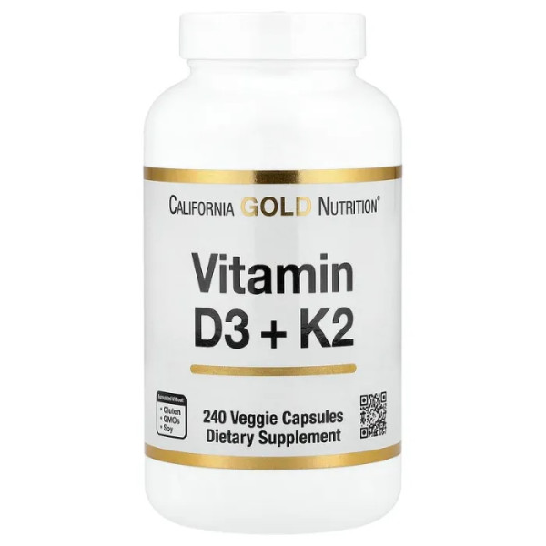 Вітаміни D3 та К2, Vitamin D3 + K2, California Gold Nutrition, 240 рослинних капсул