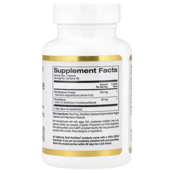 Птеростильбен плюс з порошком дикої чорниці, Pterostilbene Plus with Wild Blueberry Powder, California Gold Nutrition, 60 рослинних капсул