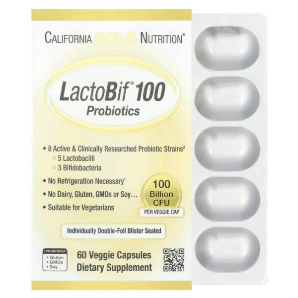 Пробіотик, LactoBif®, California Gold Nutrition, 100 млрд КУО, 60 рослинних капсул