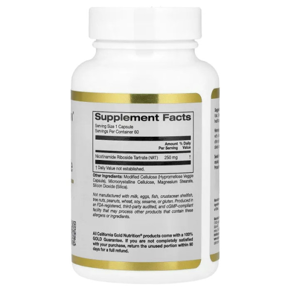 Нікотинамід рибозид тартрат, Nicotinamide Riboside Tartrate (NRT), California Gold Nutrition, 250 мг, 60 вегетаріанських капсул