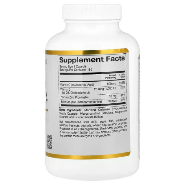 Підтримка імунітету, комплекс з вітамінами C і D, цинком та селеном, Immune Complex 4, California Gold Nutrition, 180 рослинних капсул