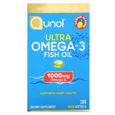 Омега-3 риб'ячий жир 1000 мг, Ultra Omega-3 Fish Oil Qunol, смак лимон 180 міні-капсул (500 мг на 1 капсулі)