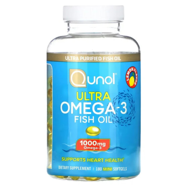 Ультраомега-3, Ultra Omega-3 Fish Oil, Qunol, зі смаком лимона, 1000 мг, 180 міні-капсул (500 мг в 1 капсулі)