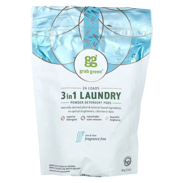 Пральний порошок три в одному, без запаху, Laundry Detergent, GrabGreen, 24 завантаження, 384 г