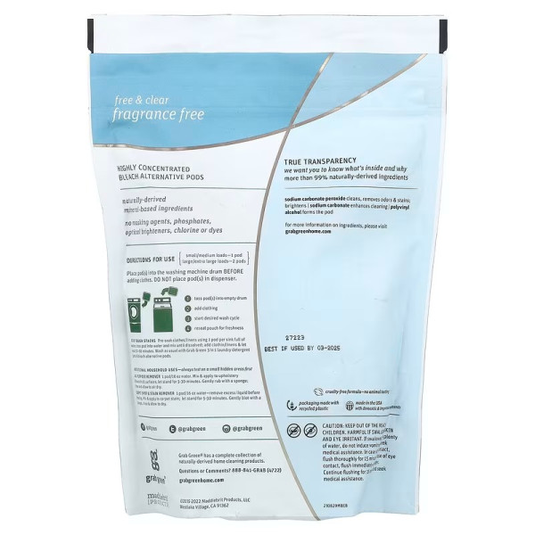 Відбілювач для речей без запаху, Bleach Alternative Pods, GrabGreen, 24 порції, 360 г