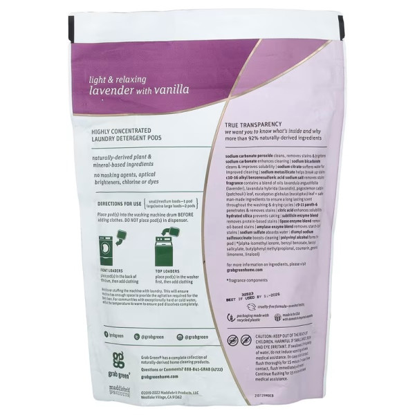 Пральний порошок три в одному, 3-in-1 Laundry Detergent Pods, GrabGreen, аромат лаванди та ванілі, 24 завантаження, 384 г