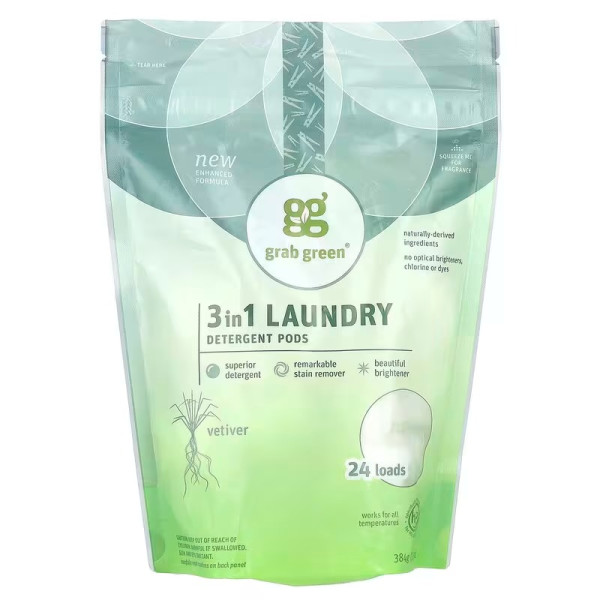Пральний порошок 3 в 1, аромат ветівера, Laundry Detergent Pods, GrabGreen, 24 завантаження, 384 г
