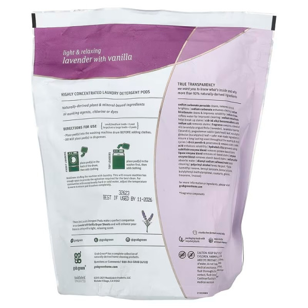 Пральний порошок 3-в-1, Laundry Detergent Pods, GrabGreen, лаванда з ваніллю, 60 завантажень, 960 г